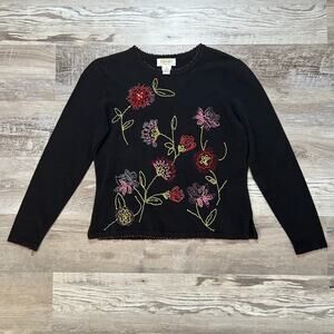 Vintage Black Knit Sweater with Neon Floral Embroidery + Bead Trim0